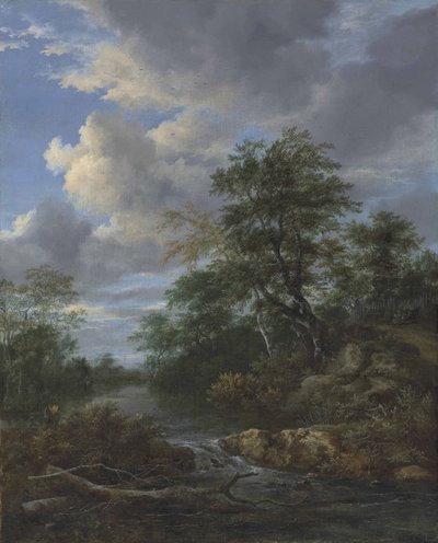 Bosrijk rivierlandschap met een rustende familie op een pad door Jacob van Ruisdael
